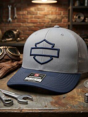 Retro Harley Davidson Hat Bar Shield Navy Grey Richardson 112 Snapback Cap USA